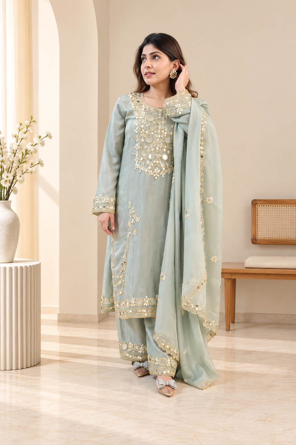 Powder Blue Mirror-Work Stitched Suit