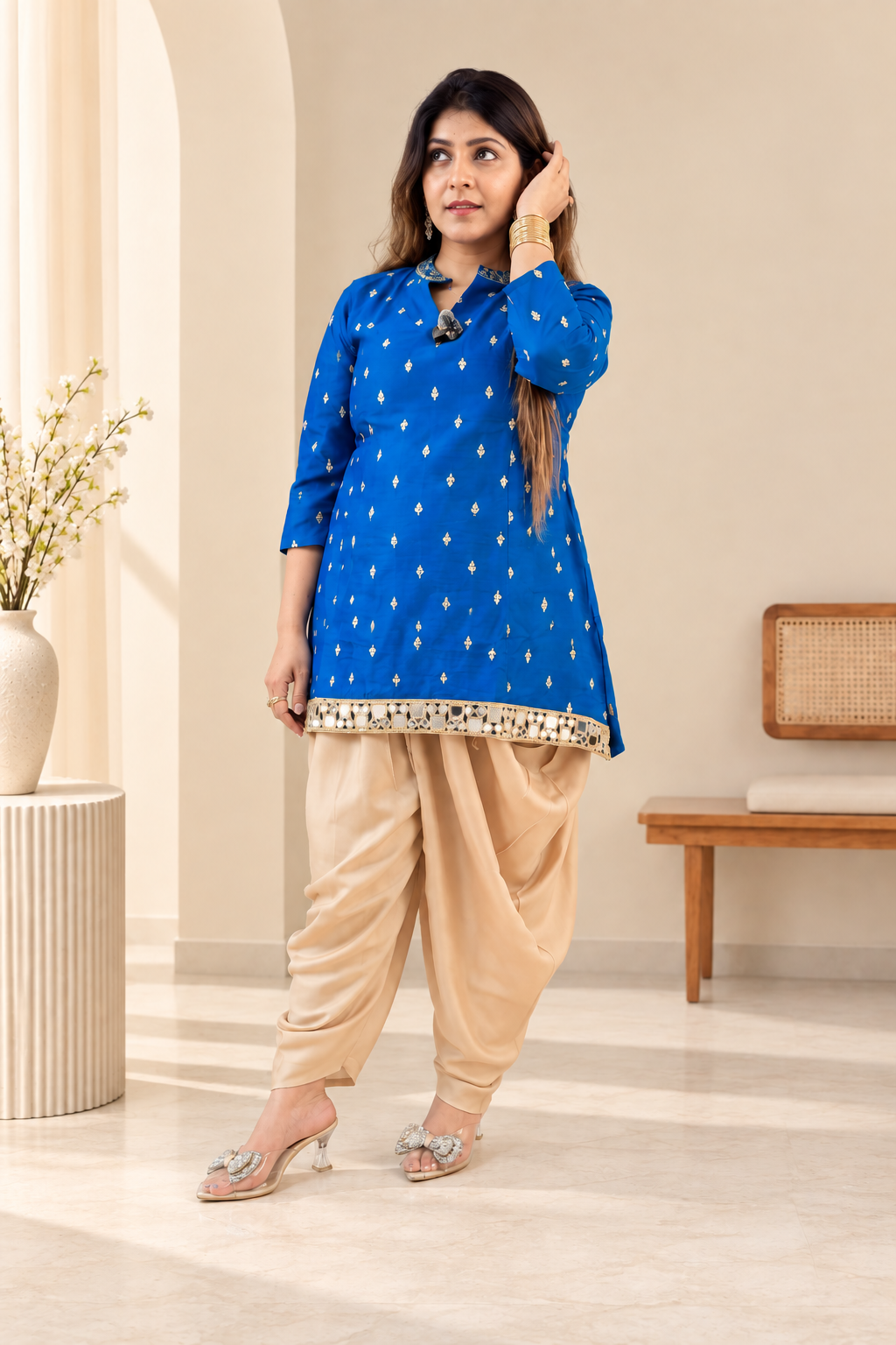 Royal Blue Embroidered Kurta with Dhoti Pants